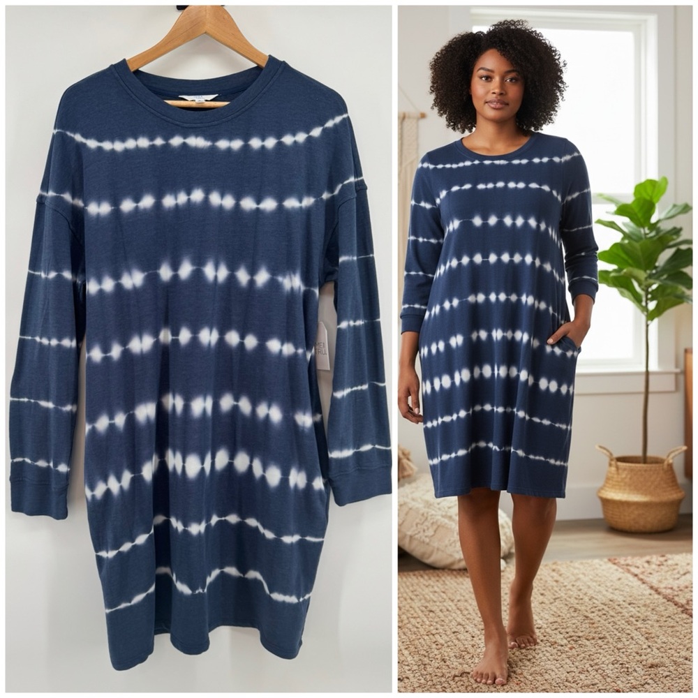 SpringTime and Tru Navy & White Long Sleeve Comfy Boho Dress Women's Size XL NWT
